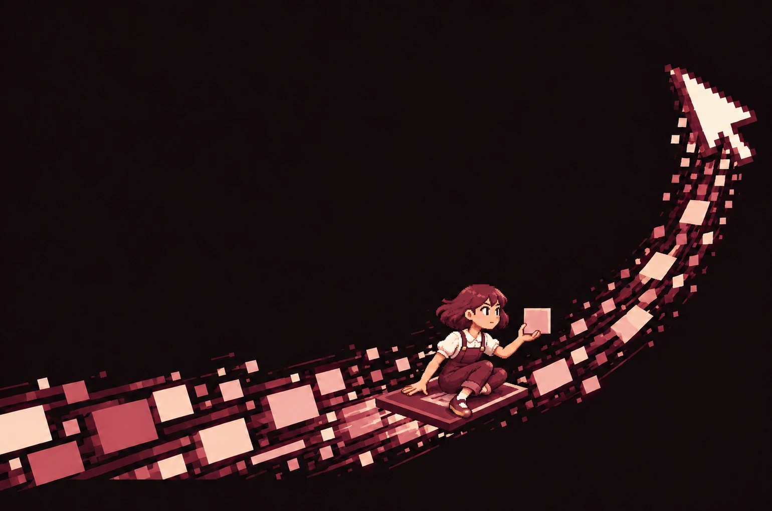 Illustration: the builder riding a trail of pixel blocks up to a cursor, at night.