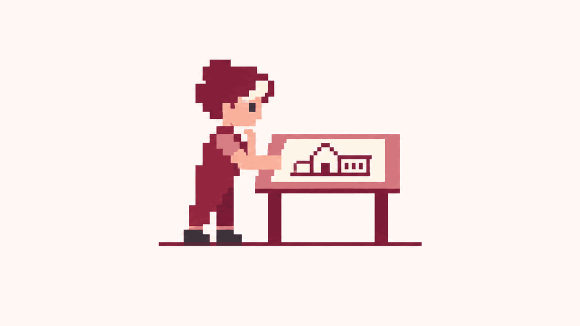 Illustration: a person standing at a desk, sketching a simple building on a board — the scope and the brief being agreed.