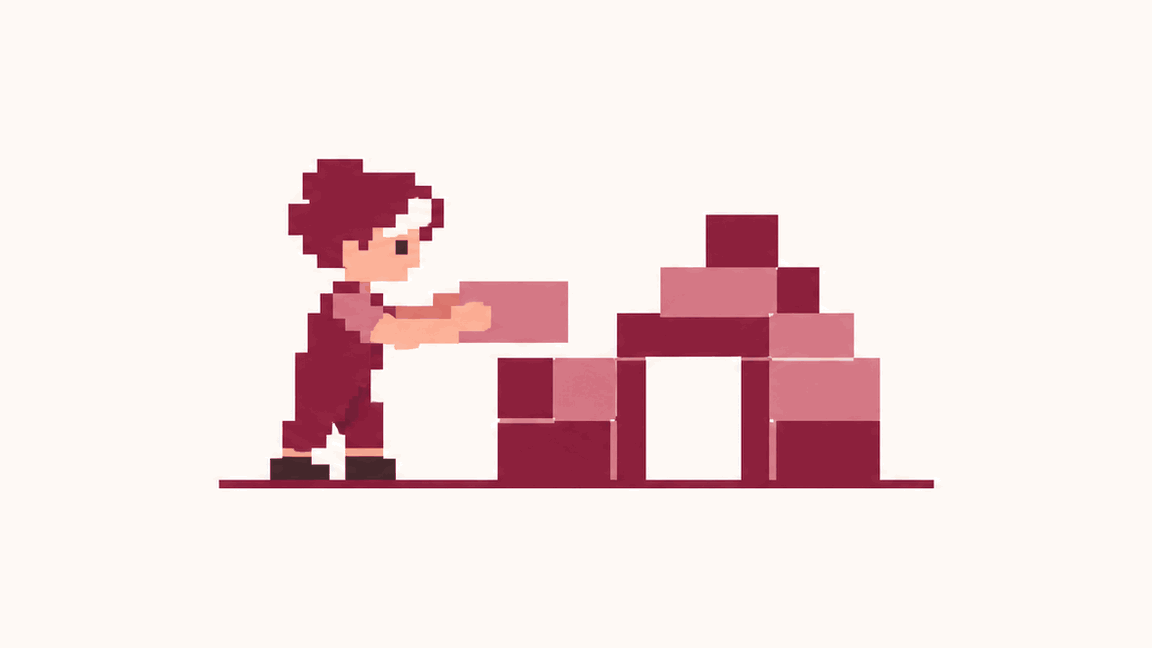 Illustration: the same person laying a block onto a half-built wall of blocks — the first working version going up.