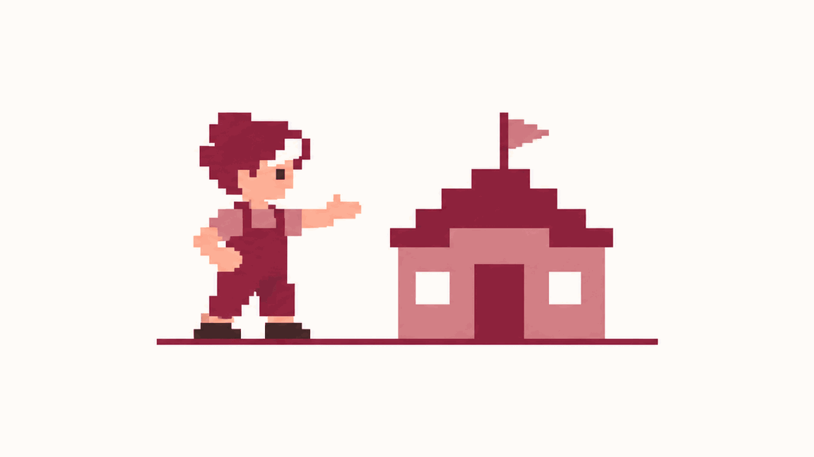 Illustration: the same person presenting a finished house with a flag on its roof — the site reviewed and launched.