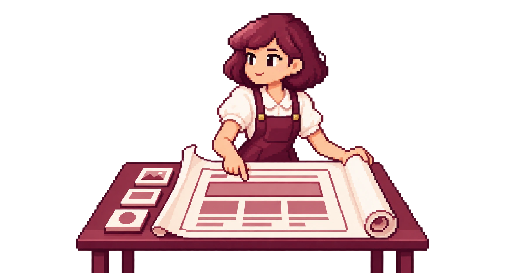 Illustration: the builder at a table, unrolling a page layout beside a few image and shape tiles — the scope and the brief being agreed.