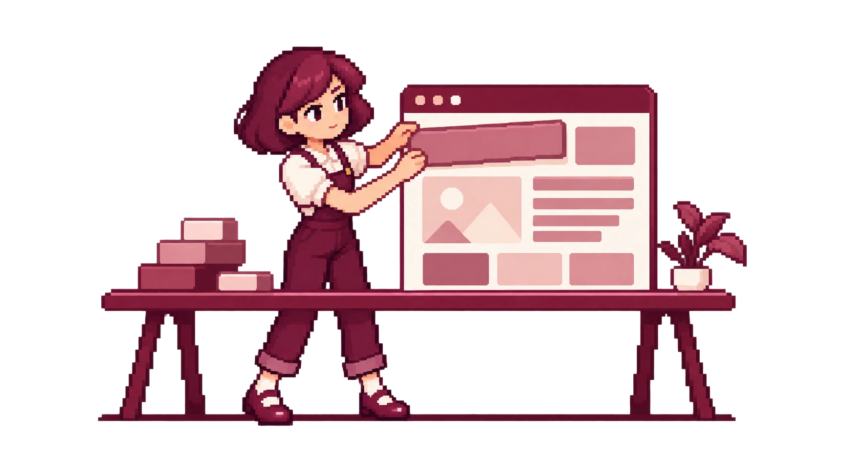 Illustration: the same builder fitting a block into a website on the table, a stack of blocks beside her — the first working version going up.