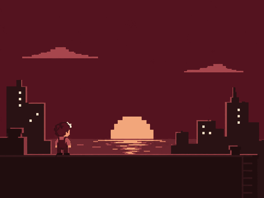 Illustration: a small figure on a rooftop at dusk, city blocks either side and the sun setting over the water.