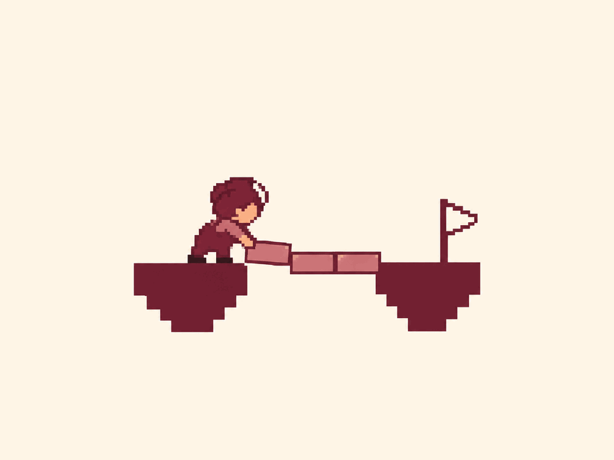 Illustration: a figure laying blocks across a gap between two ledges, towards a flag on the far side.