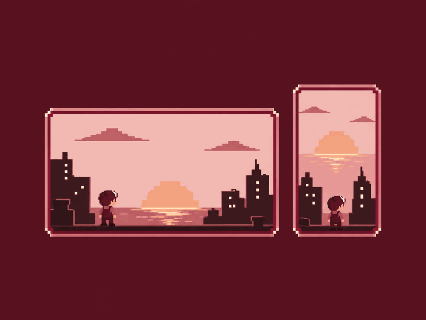Illustration: the same rooftop scene composed twice, once in a wide frame and once in a phone-shaped one.