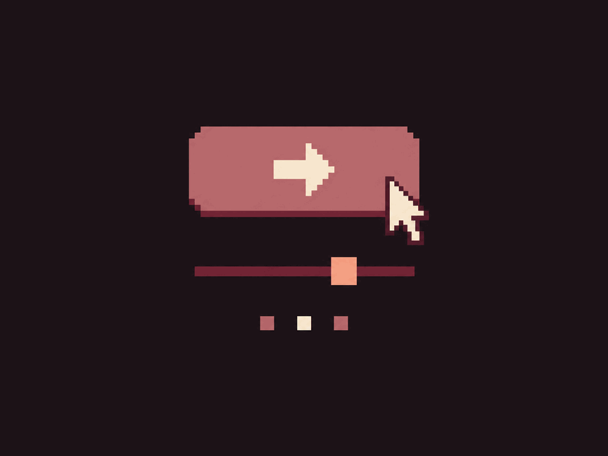 Illustration: interface parts drawn in pixels — a button with a pointer on it, a slider and three dots.